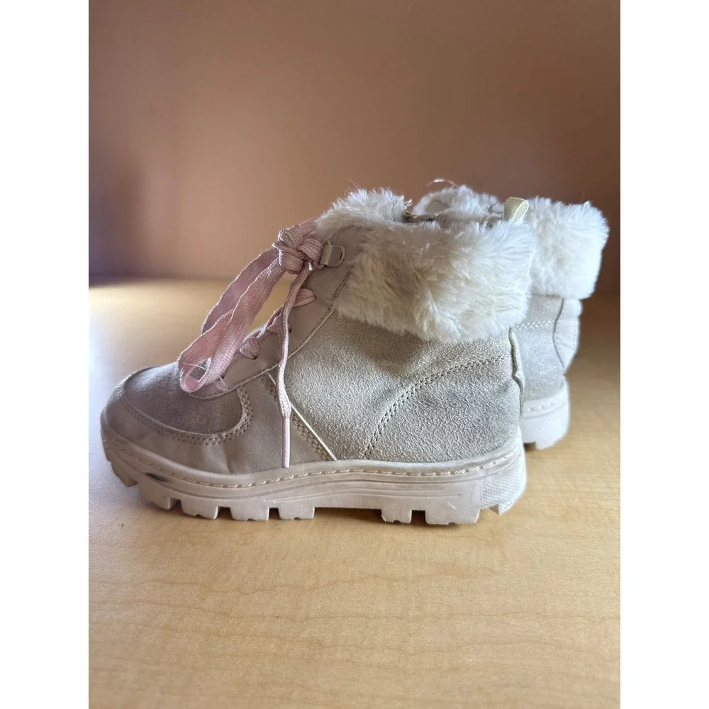 Carters Viola Girls Cream Faux Fur Winter Boots Pink Laces Size 13M Side Zip